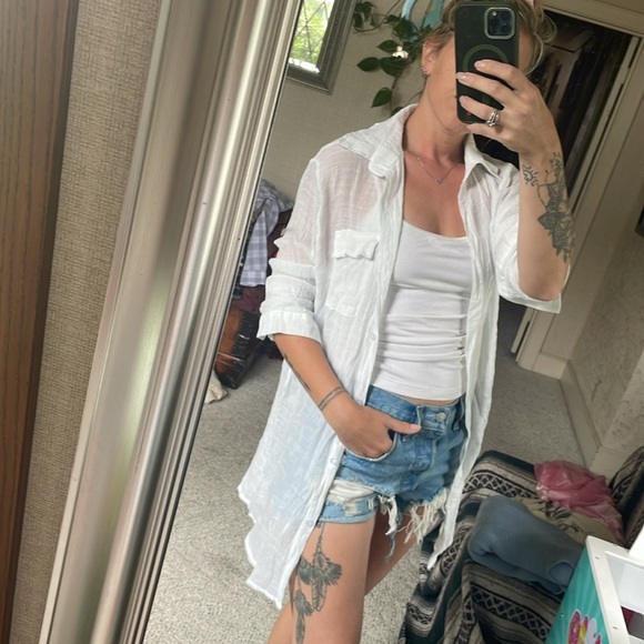 Zoye Chen White Gauzy Button-Up Flowy Swim Coverup - Picture 11 of 16